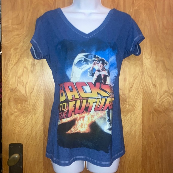 Blue Back To The Future V- Neck T-Shirt - Women’s Small - Juniors Large - Picture 1 of 4
